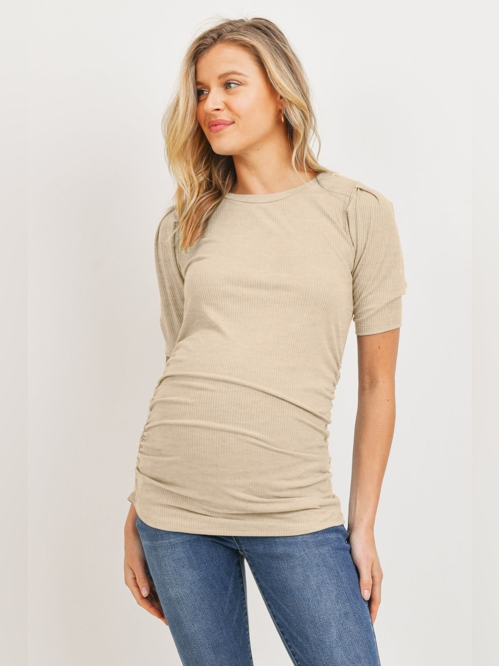 Hello Miz Puff Sleeve Ribbed Maternity Top in Oatmeal